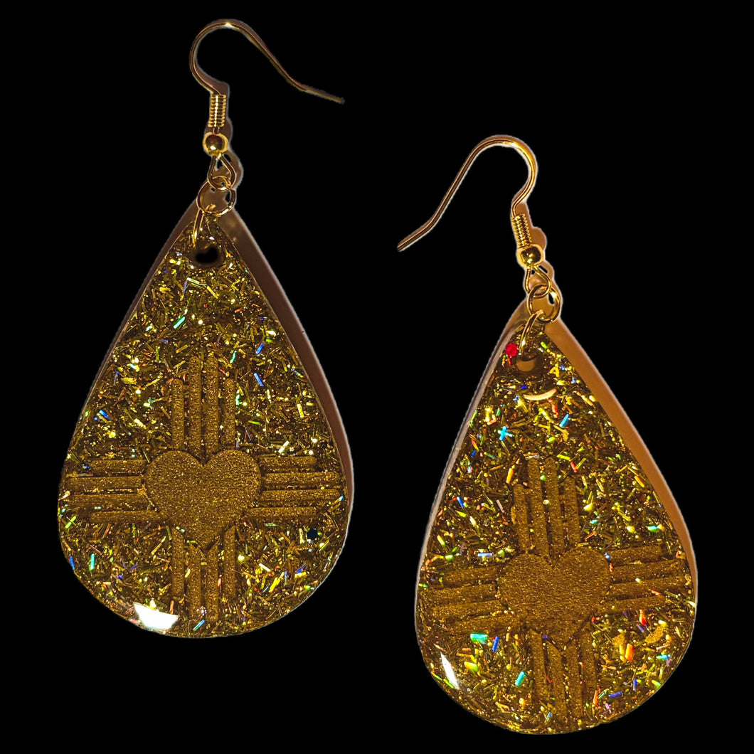 New Mexico Zia Heart Teardrop Earrings-Gold Glitter