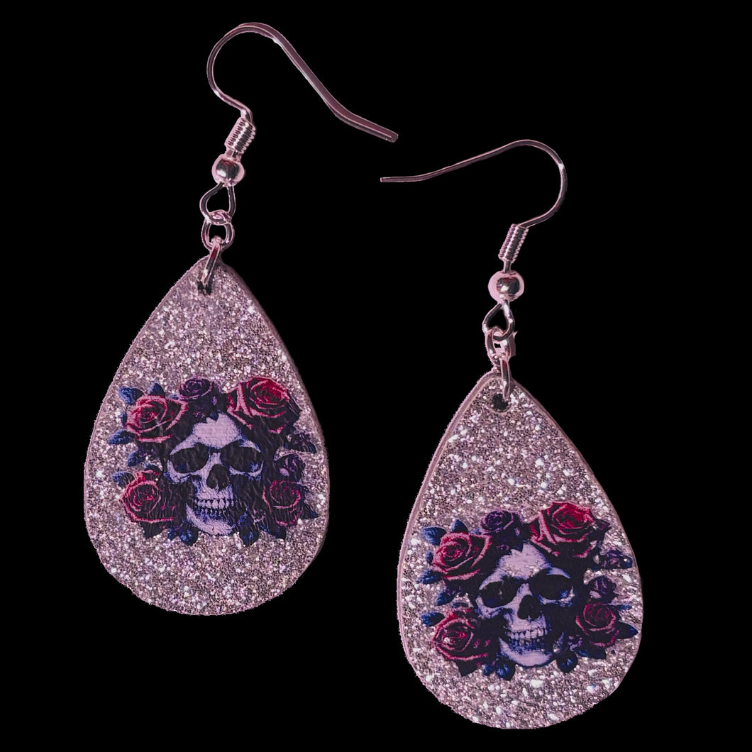 Skull and Roses Wooden Teardrop Earrings -Silver Glitter