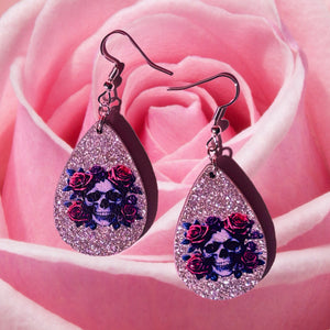 Skull and Roses Wooden Teardrop Earrings -Silver Glitter