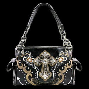 Bolso de hombro con cruz de diamantes de imitación estilo occidental, color negro