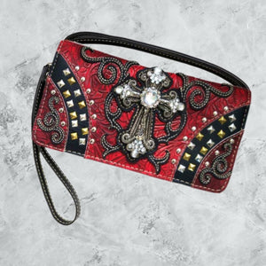 Western Studded Rhinestone Cross Wallet-RED