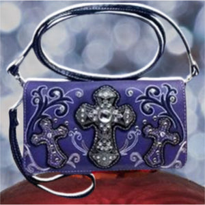 Leather and Rhinestone Cross Wallet-PRPL