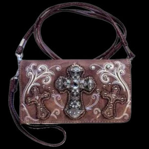 Leather and Rhinestone Cross Wallet-BRN