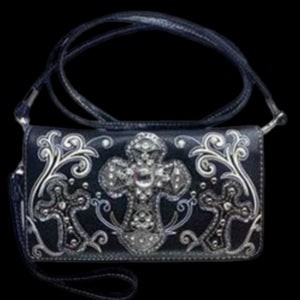 Leather and Rhinestone Cross Wallet-BLK