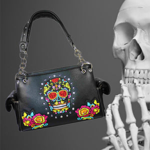 Sugarskull Embroidered Shoulder Bag-BLK