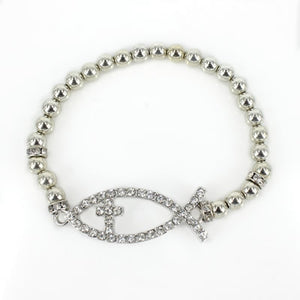 Rhinestone Icthys Fish Cross Jesus Stretch Bracelet