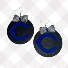 Load image into Gallery viewer, Faux Leather Double Sided Carlsbad Cavemen C Circle Earrings Blue on Black with Silver Ribbon Dangle Earrings
