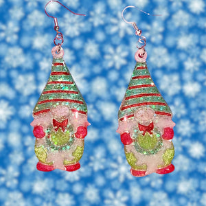 Gnome w/Wreath Earrings-LmGrn