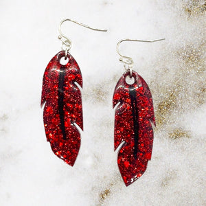 Feather Resin Earrings-RedChkyGltr