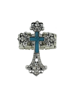 Rhinestoned Cross Stretch Ring with Turquoise Accent