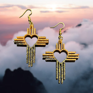 New Mexico Zia Cross Earrings-GldBlkGltr