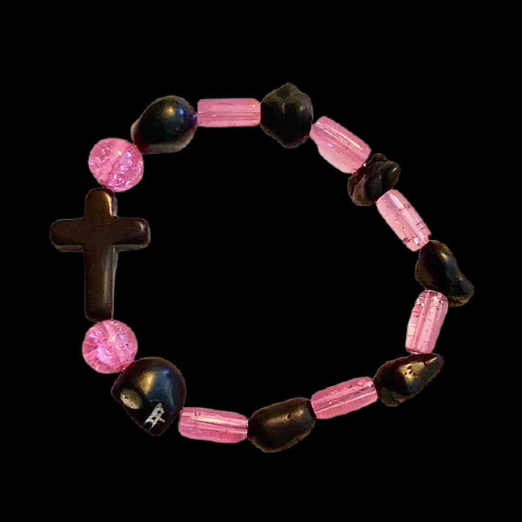 Pink and Black Cross and Skulls Bracelet