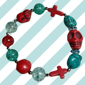 Red and Teal Skull and Crosses Bracelet