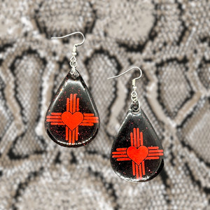 New Mexico Zia Heart Teardrop Earrings-BlkRed