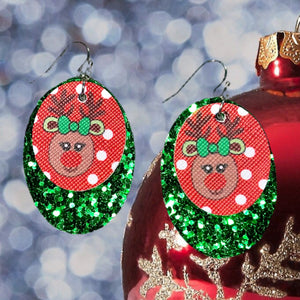 FL Reindeer Oval Earrings-RedGrn