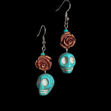 Load image into Gallery viewer, Turquoise Skull and Bronze Rose Earrings
