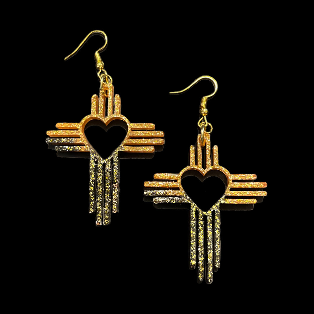 New Mexico Zia Cross Earrings-GldBlkGltr