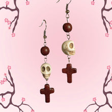 Load image into Gallery viewer, Ivory Skull with Brown Cross Earrings
