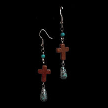 Load image into Gallery viewer, Cross with Turquoise Speckle Earrings-Brn
