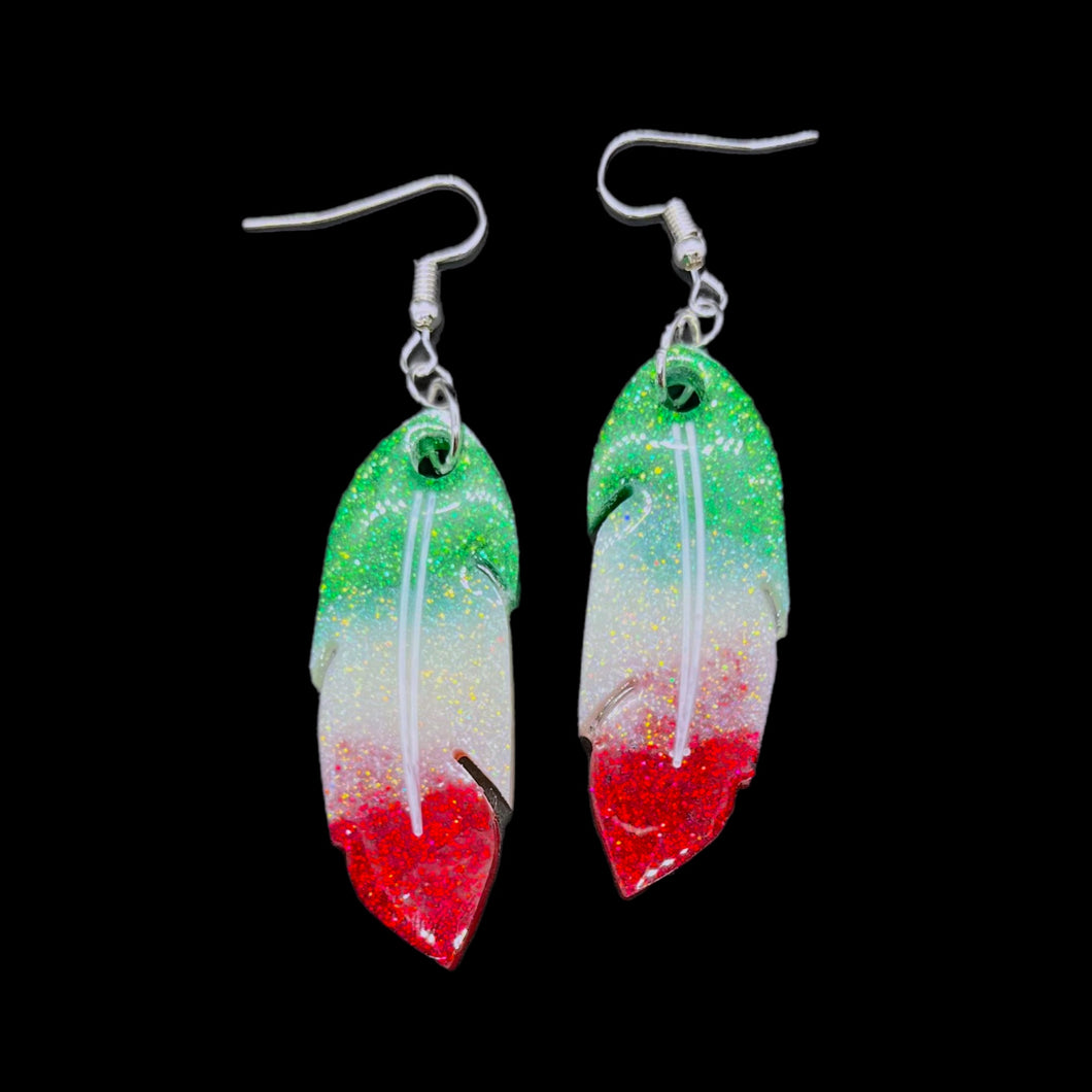 Feather Resin Earrings-VivaGrnWhtRd