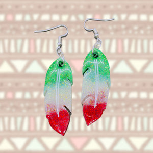 Feather Resin Earrings-VivaGrnWhtRd