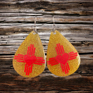 New Mexico Zia Heart Teardrop Earrings-YellowRed