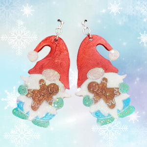 Gnome w/Gingerbread Man Earrings-RedHat