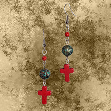 Load image into Gallery viewer, Red Cross with Turquoise Speckle Earrings
