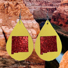 Load image into Gallery viewer, Double sided yellow faux leather teardrop earrings with red glitter nm state shape accent 
