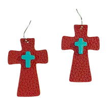 Load image into Gallery viewer, FL Red Leather Turquoise Cross Earrings
