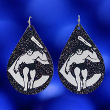 Load image into Gallery viewer, Double sided blue glitter faux leather earrings with white vinyl Carlsbad Cavemen and C cut out dangle earrings 
