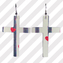 Load image into Gallery viewer, Double sided faux leather black and white stripe with red hearts cross dangle earrings 
