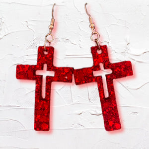 Cross Hollow Glitter Resin Earrings-Red