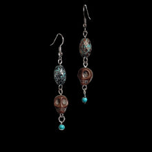 Load image into Gallery viewer, Brown Skull with Turquoise Speckle Earrings
