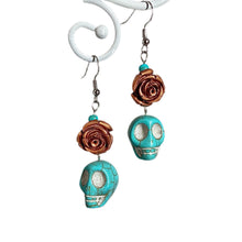 Load image into Gallery viewer, Turquoise Skull and Bronze Rose Earrings
