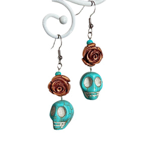 Turquoise Skull and Bronze Rose Earrings