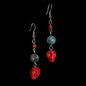 Red Skull with Turquoise Speckle Earrings