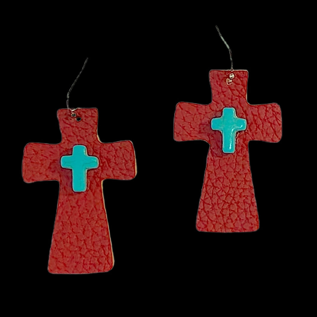 FL Red Leather Turquoise Cross Earrings