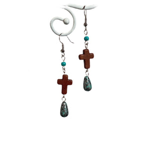 Cross with Turquoise Speckle Earrings-Brn