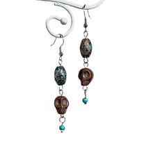 Load image into Gallery viewer, Brown Skull with Turquoise Speckle Earrings
