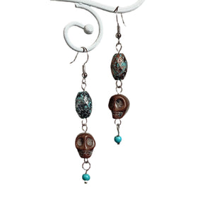 Brown Skull with Turquoise Speckle Earrings