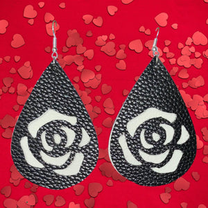 Double sided double layer white and black faux leather teardrop dangle earrings with rose cutout