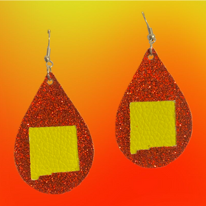 Double sided yellow ad red glitter faux leather teardop nm state dangle earrings