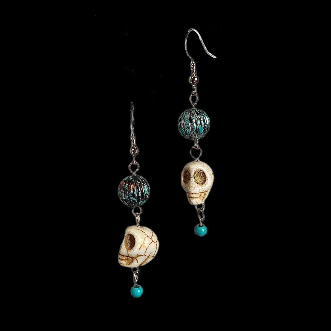 Ivory Skull and Turquoise Speckle Earrings