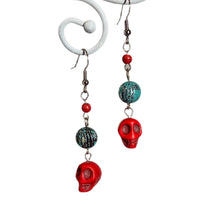 Load image into Gallery viewer, Red Skull with Turquoise Speckle Earrings
