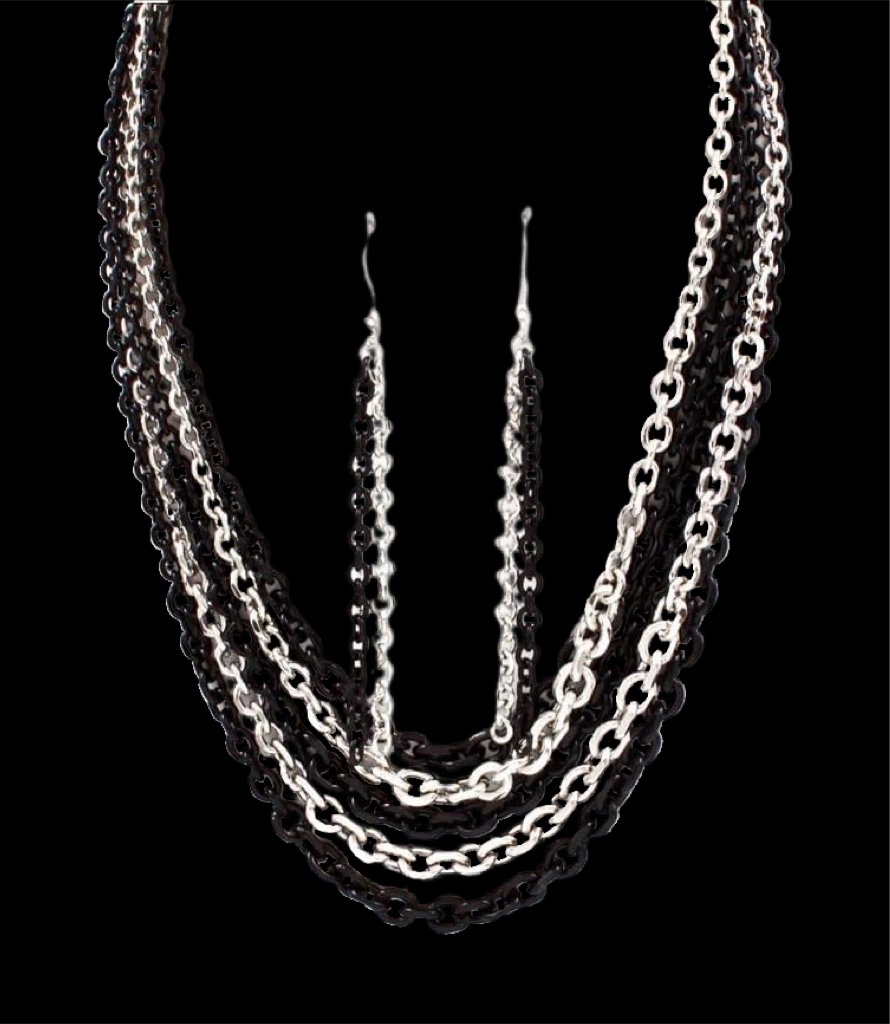 Conjunto de collar y pendientes multihilo en color negro y plateado