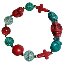 Load image into Gallery viewer, Red and Teal Skull and Crosses Bracelet
