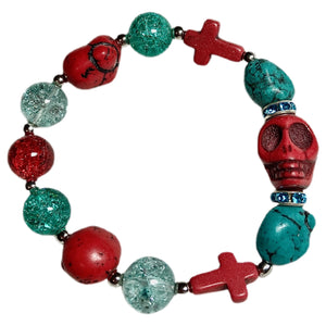 Red and Teal Skull and Crosses Bracelet