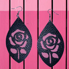 Load image into Gallery viewer, Double sided black and pink faux leather pointed oval earrings with rose cut out design 
