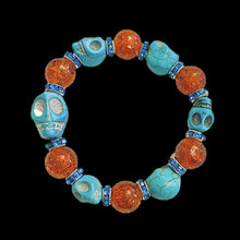 Load image into Gallery viewer, Teal Skulls and Brown Crackle Bracelet
